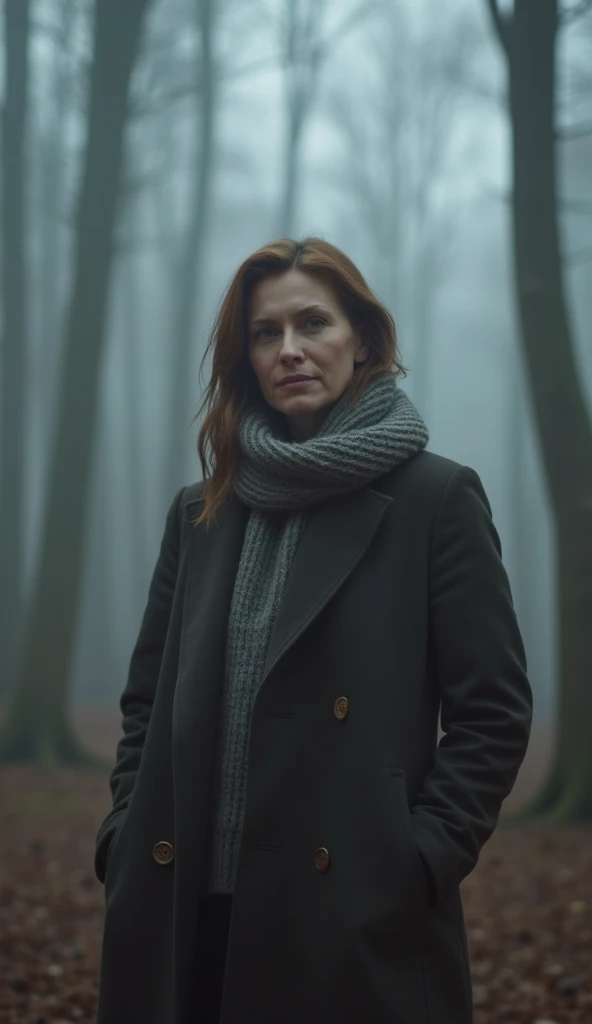 A 39-year-old woman standing in a foggy forest, dressed in a long coat and scarf.