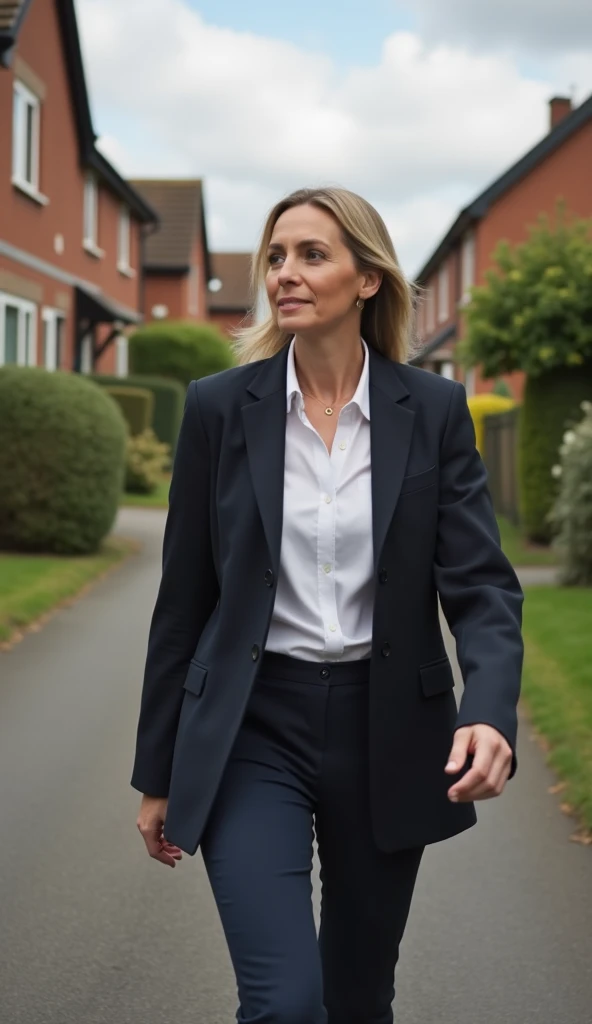 A 35-year-old woman walking through a quiet village street, dressed in a blazer.