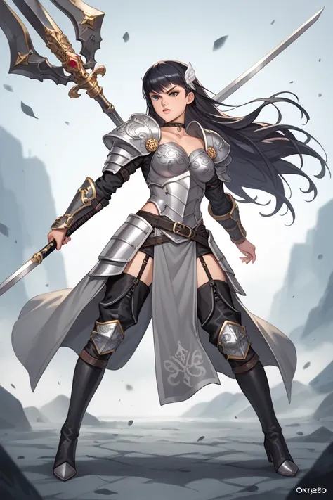 A plus-sized young D&D female human warrior in a fantasy style illustration, with long dark hair, a form-fitting black and grey tunic with a slit on the right side, black leather straps, a small tarnished silver armored bracer on the left arm, grey bands o...