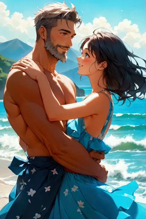 An muscular Caucasian man in his thirties, recessed in beach wear is gracefully dancing with his beautiful Japanese girlfriend wearing a blue high-waist skirt in marine print. In the confident posture of dance, she looks up at him with a gentle grin when h...