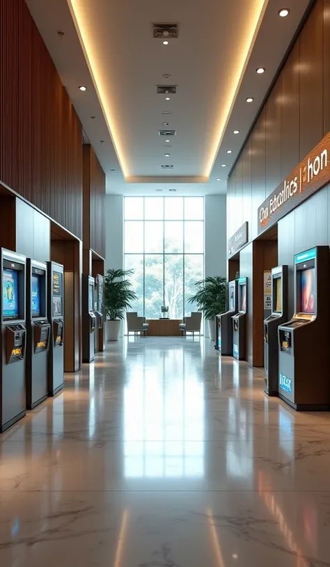  Show a Brazilian bank inside, with cash machines ,  with no people