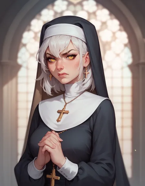  ,Nun,Long white hair, Medium Bust , in yellow eyes,cute,Tsundere