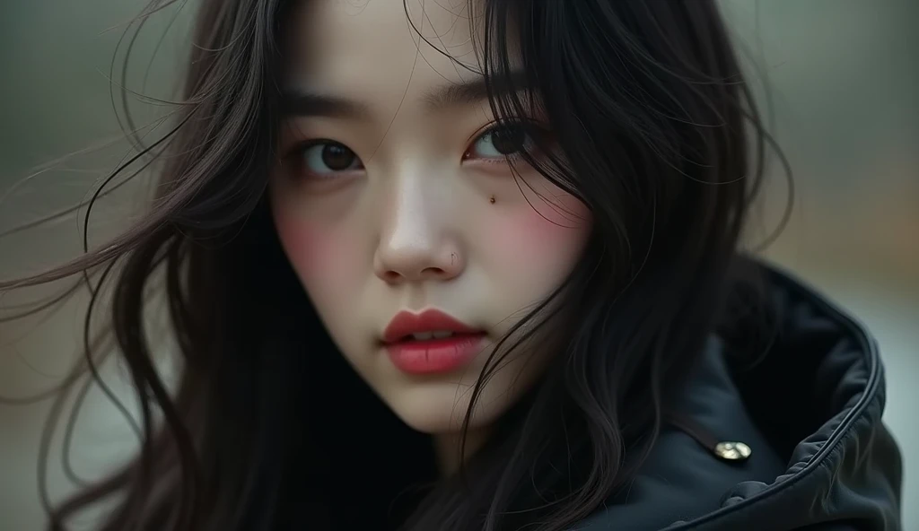  a close up of a woman with long hair wearing a black jacket, Cai Xukun, full body Xianxia, Xisionwu, Absurdly beautiful Bingbing , Xintong Chen, inspired by Huang Ji, Xianxia, dilraba dilmurat, Cruel Korean Goth Girl, inspired by Ma Yuanyu, Heonhwa Choe (...