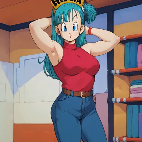 , Bulma ( dragon ball), long hair, Aqua Hair, blue eyes wristwatch, desnuda,  jeans pants , clavicle,   inner room  ,  Curvy young woman ,  big breasts and big butt ,  poses with arms raised at her sides, making a fist ,  showing her armpits, chubby, curvy...