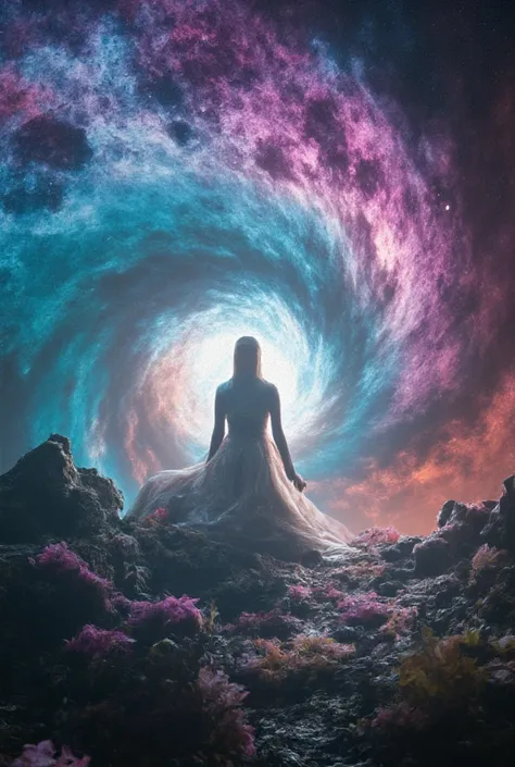 (Alone) inconceivable and spectacular an emergency scene of a cloud figure Sophie Turner in a cosmic cloud, threads of fractal nebulae, cosmic, celestial, cosmic, vibrant and vivid entities, Swirls, wiring, Irreal,   , symbolism, magical, mystic, mystifier...