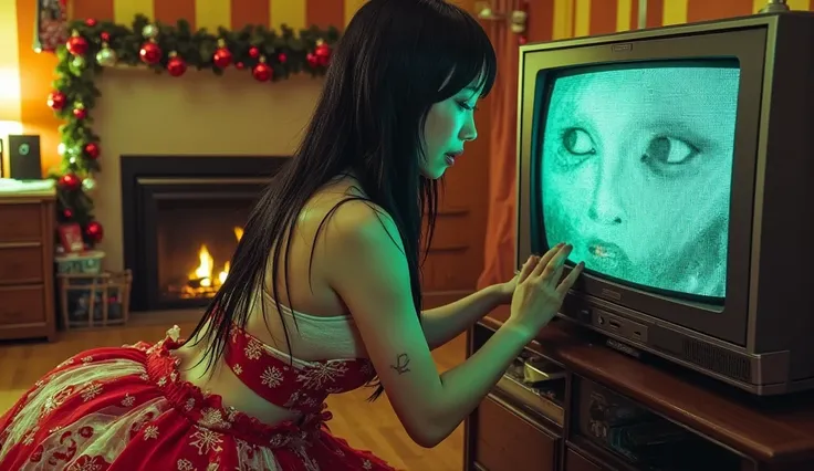 (horror, Ringu) (a cute woman, drowned ghost, scary face, long wet hair, decayed Christmas gown, pale skin, large breasts, amazing ass) is crawling out of a static filled tv screen, into a Christmas themed living room
