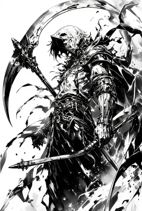  illustrate me the image of death in the anime ,  black and white format ,  a young guy with a scythe and unlimited power, with omnipotence 