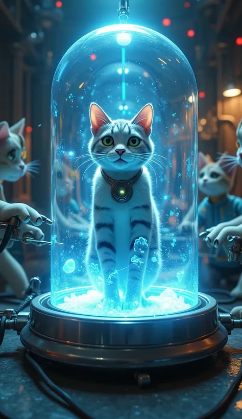 Inside a futuristic laboratory ,  Felix is in a glass capsule ,  surrounded by scientific cats operating complex machines .  Rays of blue energy emanate from the capsule as the cat begins to grow and transform.  
