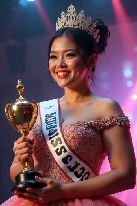 Real picture,  a beautiful young chubby Indonesian woman senyum tipis,hair Messy Bun,mengenakan mahkota di kepalanya,dan memegang Piala ,wearing a Miss universe dress brokat bling bling , wearing a sash ribbon that reads  "MISS UNIVERSE ESS 2025 "ejaan jel...