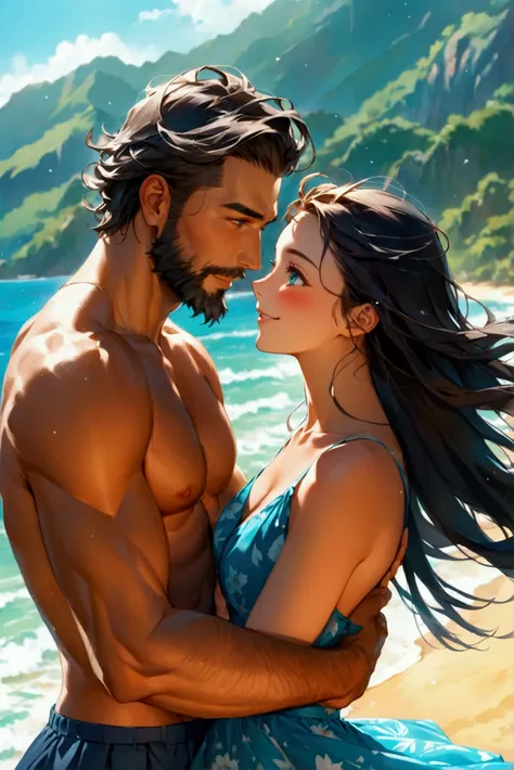 An muscular Caucasian man in his thirties, recessed in beach wear is gracefully dancing with his beautiful Japanese girlfriend wearing a blue high-waist skirt in marine print. In the confident posture of dance, she looks up at him with a gentle grin when h...