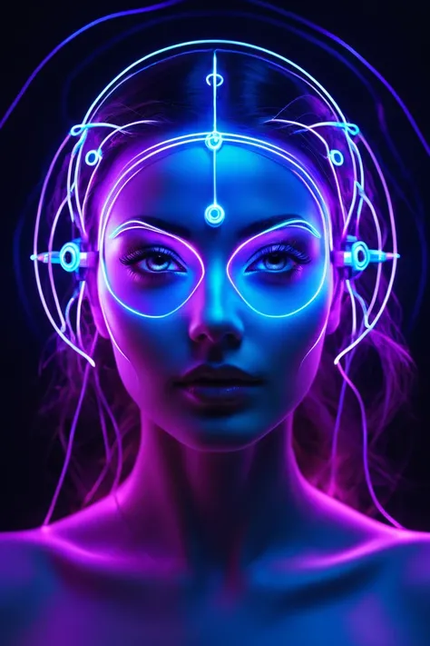  psychical-woman , одетая современно Photorealизм, , only the eye-shaped area of the third eye between the eyebrows glows with neon light,  course cover, waves of energy and trance spread everywhere, and with the work of the brain and energy  ,real.Photo ,...