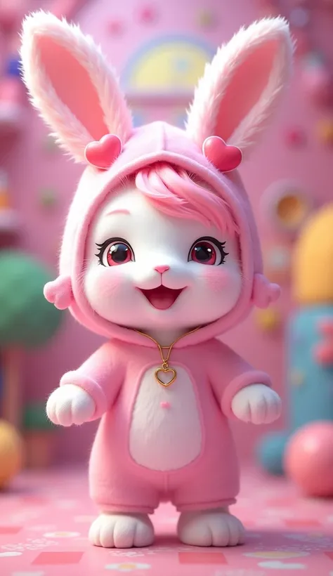 A white animal wearing a pink rabbit ear costume、 top quality,  pink hair,  Heart Shaped Earrings ,  smiles,  open her mouth , The background is a pink game room