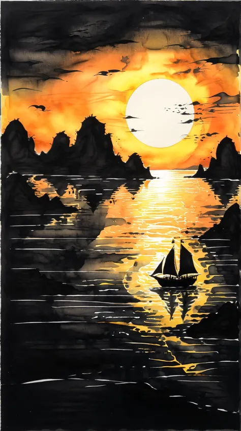 ink and watercolour seascape on black paper, calm seas, at sunset.  ((Chinese junk) (black silhouette)), sailing in front of the sun, sun reflects across the sea, (islands (black silhouette)) in the background. yellow and orange and black. 