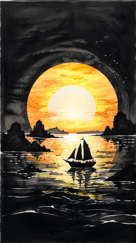 ink and watercolour seascape on black paper, calm seas, at sunset.  ((Chinese junk) (black silhouette)), sailing in front of the sun, sun reflects across the sea, (islands (black silhouette)) in the background. yellow and orange and black. 