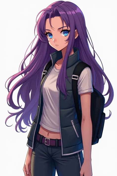 Beautiful girl with long purple hair with blue eyes serious expression dressed in vest pants and a black backpack drawing style Spider-Man intro the Spider verse