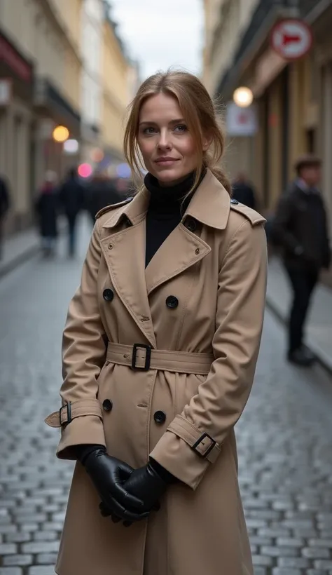 A 36-year-old woman standing on a cobblestone street, wearing a trench coat and gloves.