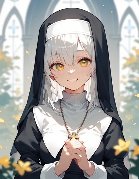  ,Nun,Long white hair, small breasts, in yellow eyes,cute,Smiling leaning ,cute