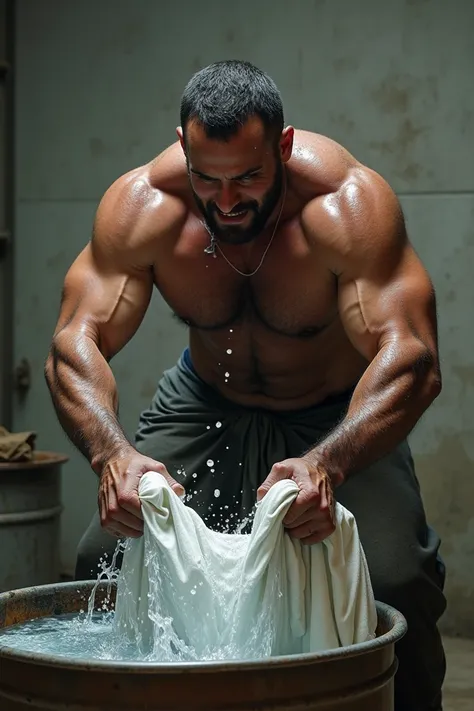 Create an image of a man in very sweaty clothes squeezing an item of clothing filling a large, transparent bucket!