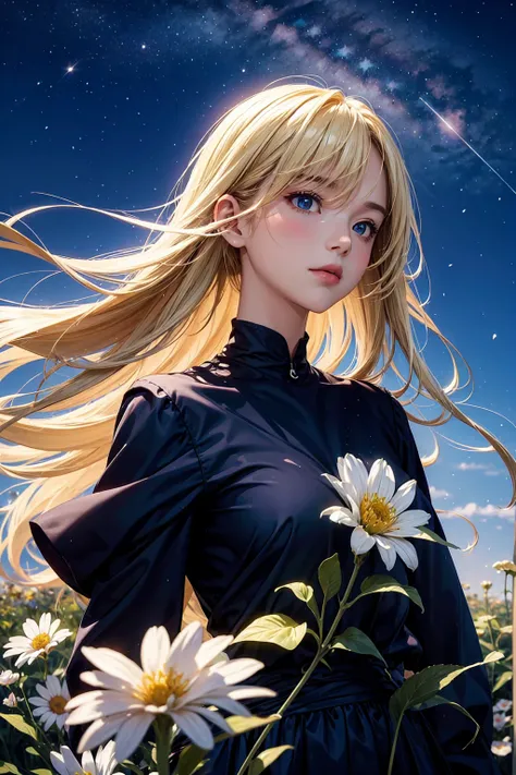 ( top quality,   Masterpiece  ),  1 girl ,  pose, particle, wind, flower,  upper body,  simple background,  watching the audience,  blonde alone, milky way, Midea