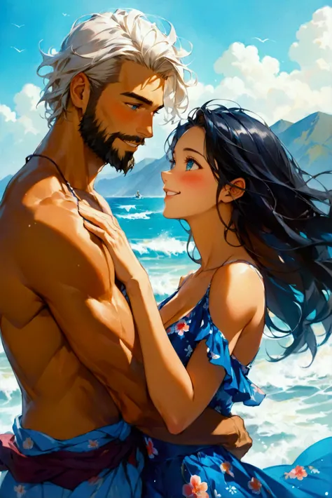 An muscular Caucasian man in his thirties, dressed in beach wear is gracefully dancing with his beautiful Japanese girlfriend wearing a blue high-waist skirt in marine print. In the confident posture of dance, she looks up at him with a gentle grin when he...