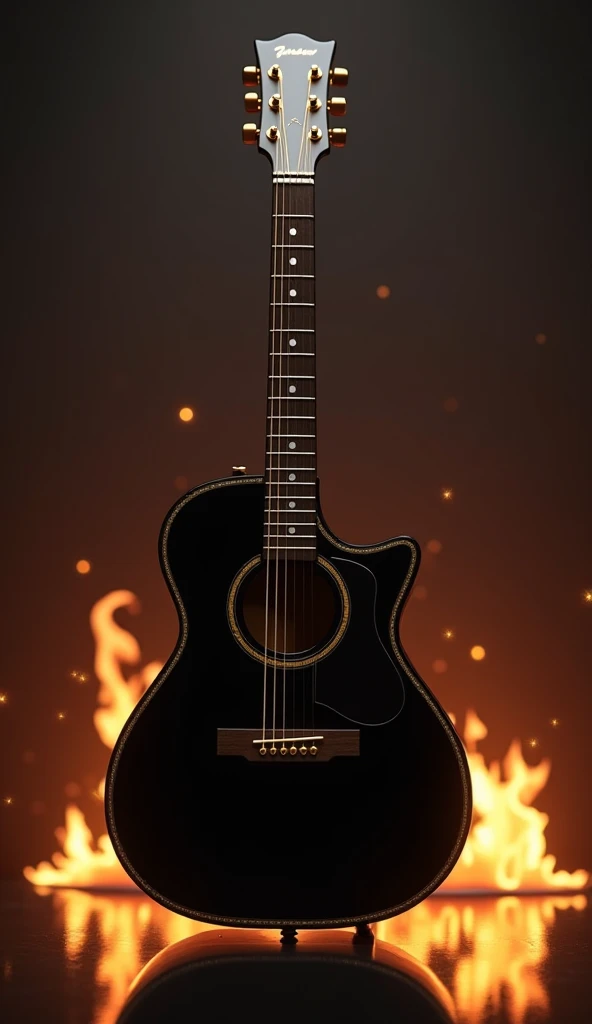 Make a fully acoustic guitar standing all black with gold details,  with slightly transparent guitar chord numbers, The floor is all smooth mirrored ,  also set fire behind the guitar ,  High resolution, 8k, Lente 35mm, cinematic, FIRST WORK.