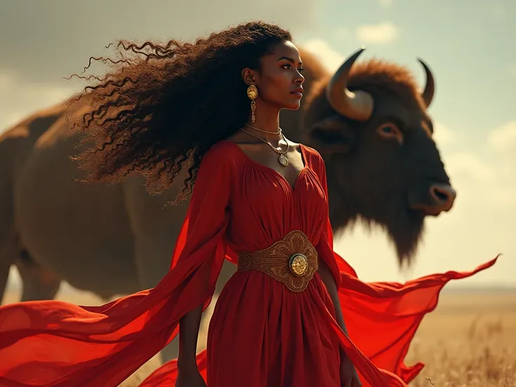  Black Woman, Looking to the side with long curly hair in the wind red clothes, with buffalo back ,   and gold accessories 