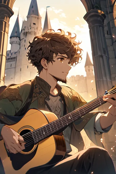 A young man with short curly hair  ,  beard and brown eyes plays acoustic guitar in front of a castle 