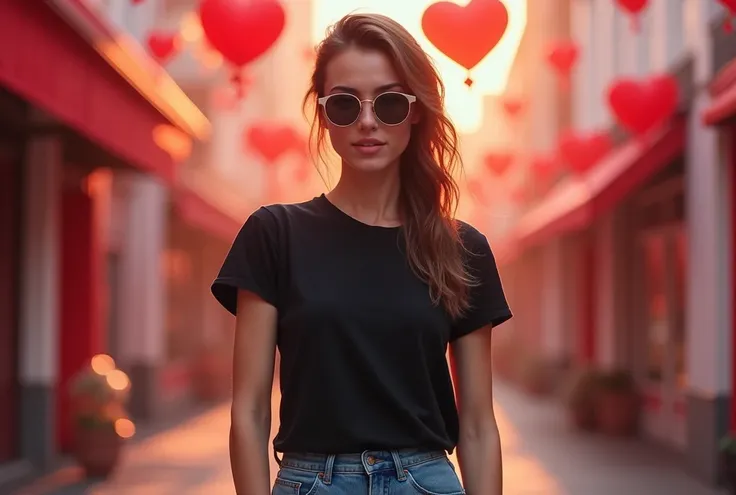 A very beautiful mild smiling woman wearing a blank black t-shirt; standing in the front wearing a sunglass with her hair in the back; she is wearing a denim blue jeans pant; she is focusing in her front side; the mockup is against an attractive valentine ...