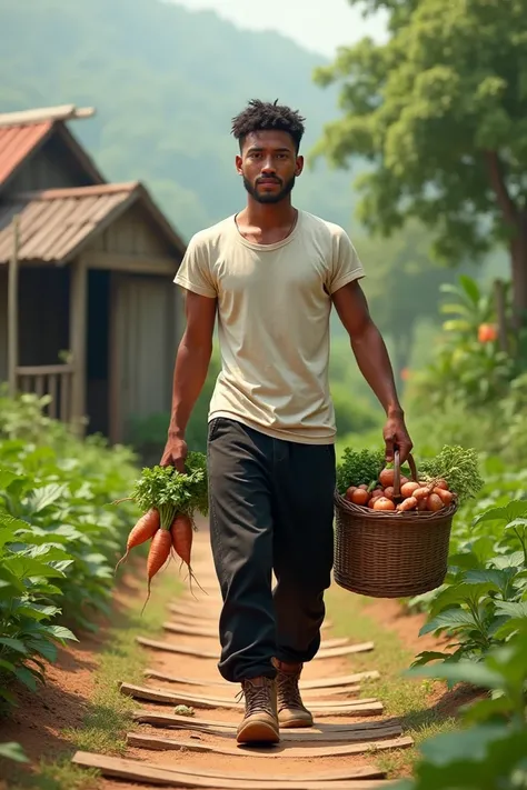 Make a picture of a handsome young man in a white T-shirt, loose black pants, brown boots, carrying his garden produce in the form of yams and beans laid out in two pieces 
A basket made of woven bamboo leaves her body wet with sweat, walking along a path ...