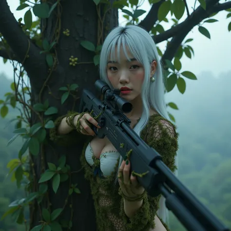 (best quality), future, Realistic, film rendering, (large cleavage,Big tits),(1 girl,korea face sexy , pale skin, (body heigth:140cm), innocent look, Young face,Beauty, photorealistic, a beautiful Asian woman holding a futuristic sniper rifle,, trapped in ...