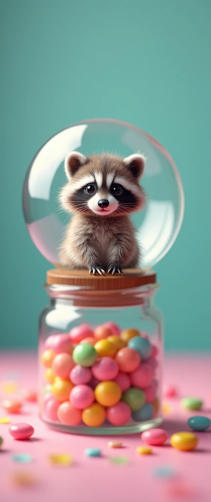 A photo of a cute extra fluffy baby raccoon with large, expressive eyes inside a transparent bubble. The bubble is placed atop a jar filled with colorful, round candies or beads. The background is a gradient of teal and pink hues, and there are scattered c...