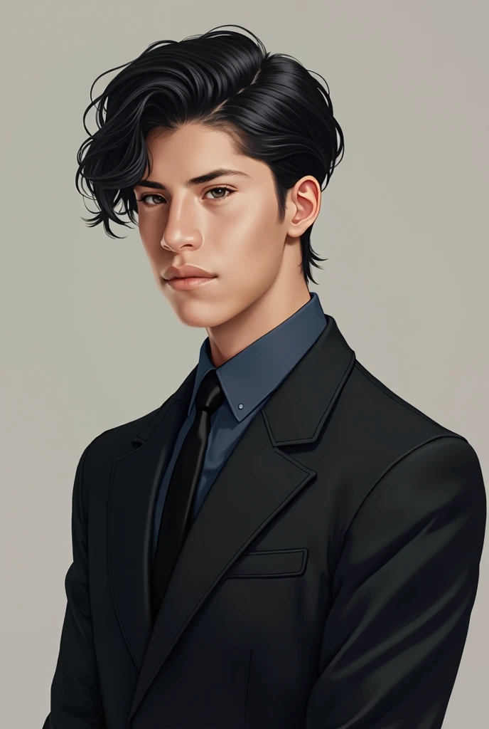 Handsome boy looking straight ahead ,  with semi-wavy black hair, with slightly light skin colorwith hairstyle to the sides going backwards,   in black suit dark blue shirt and black tie 