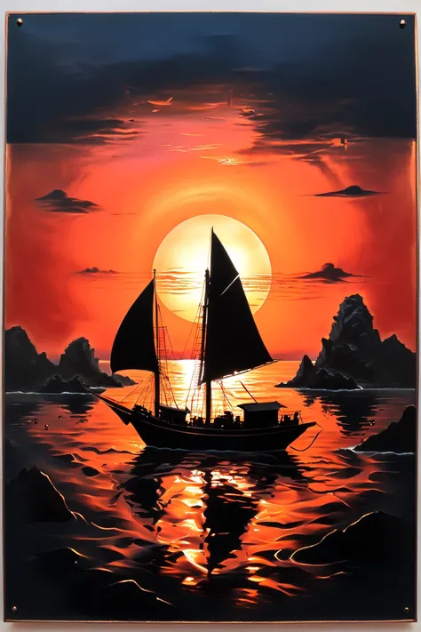 acrylic seascape on copper metal plate, calm seas, at sunset.  ((Chinese junk) (black silhouette)), sailing in front of the sun, sun reflects across the sea, (islands (black silhouette)) in the background. red and orange and black.  