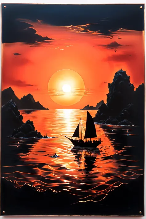 acrylic seascape on copper metal plate, calm seas, at sunset.  ((Chinese junk) (black silhouette)), sailing in front of the sun, sun reflects across the sea, (islands (black silhouette)) in the background. red and orange and black.  