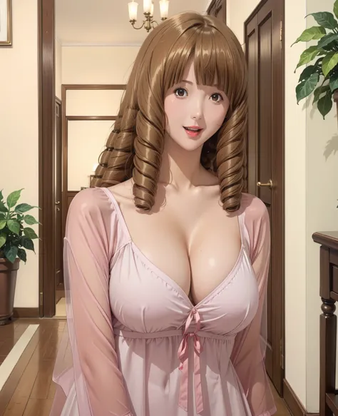 azukimama, 1girl, solo, ringlets, brown hair, brown eyes, , medium hair, pink lips, , night doll transparent gown,  sleevesless, open mouth, large breasts, blunt bangs, half body ,smile, looking at viewer, open cleavage, mature female,  pink dress, wooden ...