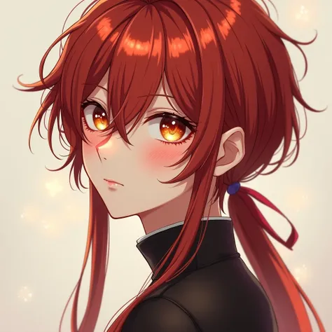  Make a seventeen-year-old fanart-style anime boy ,  his hair is long, bright red and his eyes are deep and beautiful gold with shades of red and a torn pupil, his face is thin and attractive .  Do it with a serene and neutral look while his head is tilted...