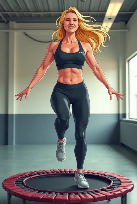 Beautiful woman blonde not too long hair, around shoulders, she is smiling, jumping on black trampoline, sport clothing, fit woman, working out, cartoon colorful, vertical picture, in sport or fitness room, not outside, indoors, 