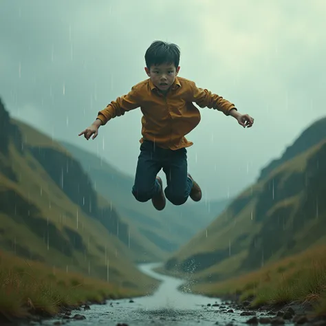 Hyper realistic and danomic View. Here solo a boy highly jumping cinematic style.and pull rain.beground hill verry uncommn