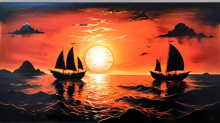 acrylic seascape on copper metal plate, calm seas, at sunset.  ((Chinese junk) (black silhouette)), sailing in front of the sun, sun reflects across the sea, (islands (black silhouette)) in the background. red and orange and black.  