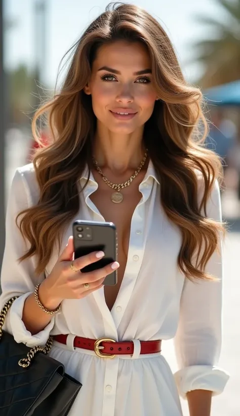  Hyper realistic photo of a stylish 29-year-old woman with very long and wavy brown hair with golden highlights. white linen shirt.  light smile ,  with your mouth shut,  light linen clothes , slim body, Small bust. Dubai color background  .  Professional ...