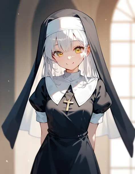  ,Nun,Long white hair, small breasts, in yellow eyes,cute,Smiling leaning ,cute,Hands back,Short sleeve shirt