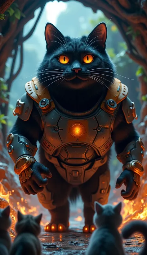 Description: A huge black cat , gigantic muscular with very defined muscles with a super sayajin aura and with bright eyes,  emerges from an underground laboratory .  It wears light armor with technological details and emits a glow of energy on its paws.  ...