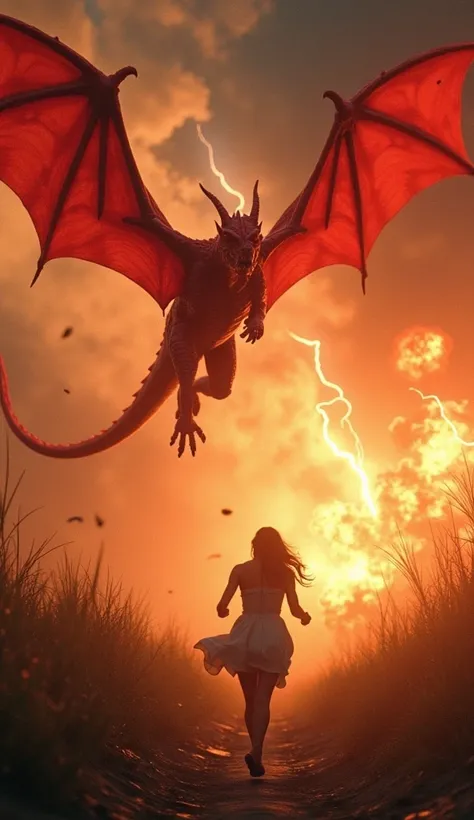  The red dragon flies furiously across a sky full of flames and lightning,  chasing the woman who runs to a shelter . in the distance, angels begin to descend armed with swords of light . chaotic background, with explosions and flashes of fire .  action pl...