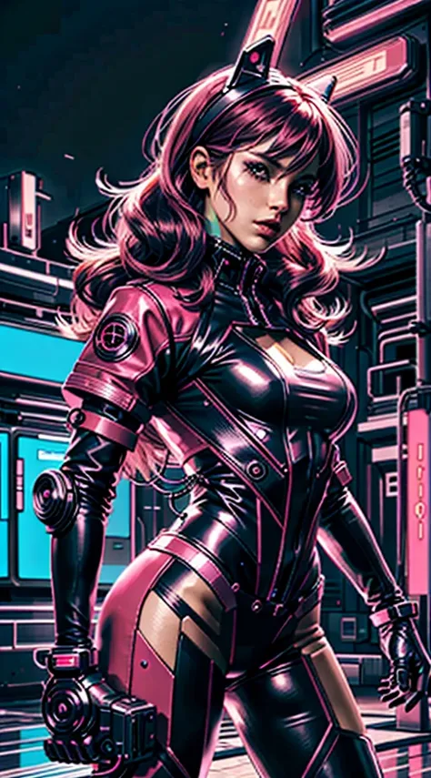 Cyberpunks, neon, 1 girl, cabelo neon rosa, olhos neon rosa ,  very detailed long pink hair , Pink leather jacket,  pink sniper rifle , stealthy, pink mask, spring, cidade japonesa com neon rosa, many particles , Photo realism,  realistic photographic ligh...