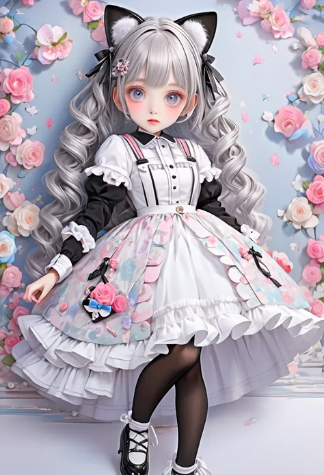 1 cute girl with cat ear and cat tail, ligne claire, contour deepening beautiful detailed glow, by famous artist,  head tilt, long white hair, curly hair, Air bangs, Grey hair, beautiful detailed hair, Beautiful face, ^ ^, lovely big eyes, flat chest, zett...