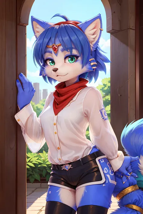 A portrait of  ((krystal)), Star Fox-Krystal, lovable, green eyes, ((( long blue hair 1 .3))), Decollete, anthro, Fuzzy,  detailed Fluffys fell,  detailed face , (Fluffy),  1 girl, , fubukibase,  white blouse ,  severed sleeves , black shorts,  blue necker...