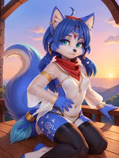 A portrait of  ((krystal)), Star Fox-Krystal, lovable, green eyes, ((( long blue hair 1 .3))), Decollete, anthro, Fuzzy,  detailed Fluffys fell,  detailed face , (Fluffy),  1 girl, , fubukibase,  white blouse ,  severed sleeves , black shorts,  blue necker...