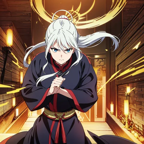 非常に繊細で美Shii, すばらShii,  in fine detail, masterpiece,  super detailed,  high definition , Best Illustration ,  High Quality , intricate details ,  cinematic lighting,  anime style, retro artスタイル, male,  Long White Hair ,  blue eyes, Chinese style costume,  B...