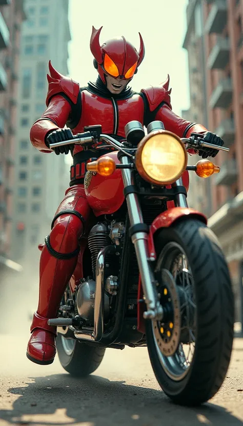 kamen rider
soviet union
retro
1980s
action hero
motorcycle
transformation
superhero
vintage
sci-fi
armor
dramatic pose
cityscape
bright colors
nostalgia
comic style
fighting
adventure
unique design
cultural fusion