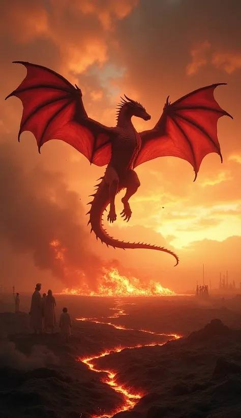  The red dragon falls from the sky into a devastated landscape, shrouded in flames and shadows .  The ground cracks on impact ,  while Michael and the angels remain in the air , observing.  The background shows an apocalyptic horizon . MEDIUM SHOT, hyperre...